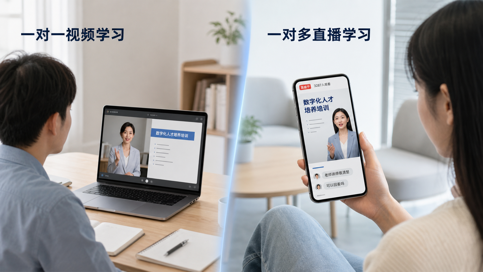 一对一视频学习与一对多直播培训两种授课模式